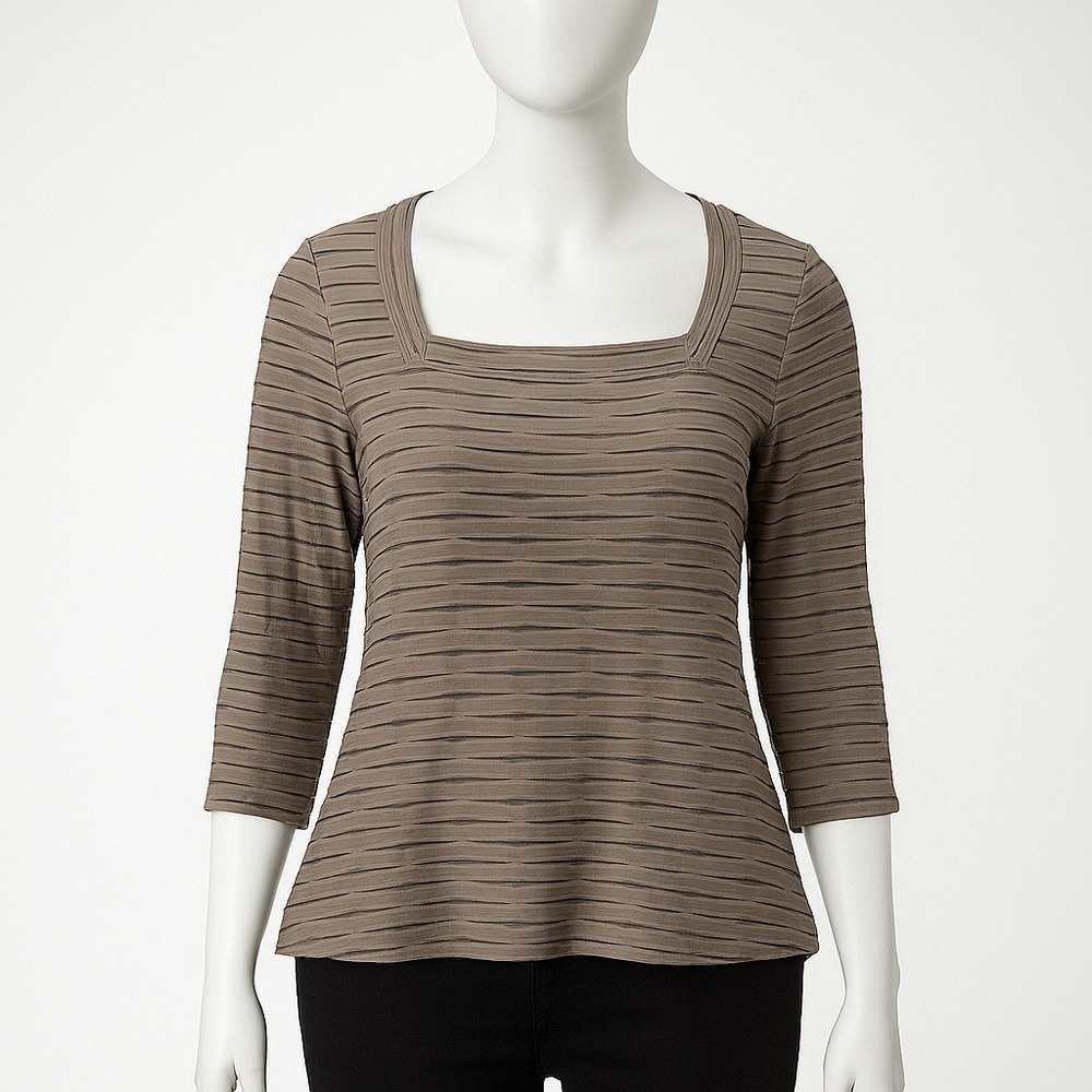 Worth‎ New York Womens Large Beige Brown Stripe Textured Square Neck 3/4 Sleeve